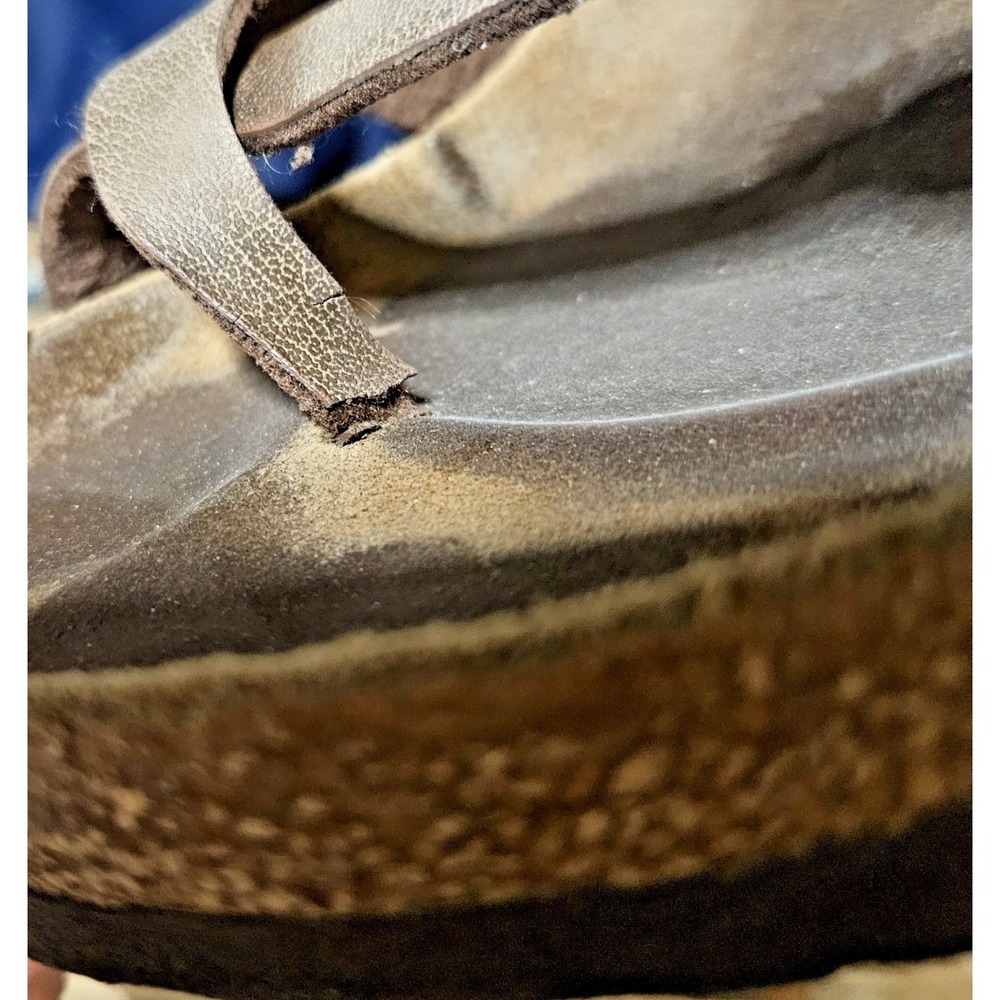Birkenstock Mayari Size 43 Brown Flip Flop Leather Sandal Cork Wedge Heel - Picture 9 of 10